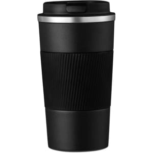 A travel coffee mug in black stainless steel with a ribbed grip and a black lid, featuring a logo.
