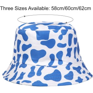 A blue and white bucket hat with a cow print design, featuring three available sizes. It has a branding logo.
