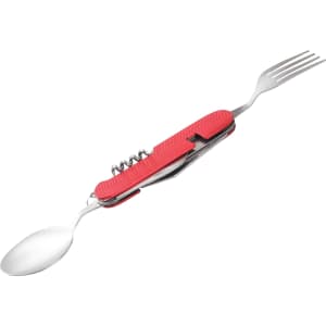 A red camping cutlery tool featuring a fork, spoon, and corkscrew in a compact design with a textured handle.