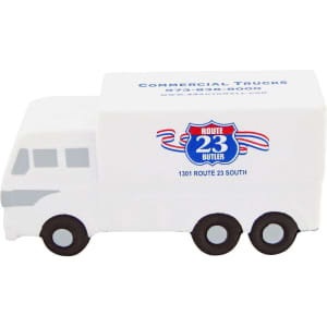 A white goods van-shaped stress reliever with black wheels and a logo on the side.