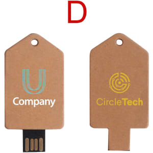 A brown eco-friendly flash drive with a rectangular design, featuring branding and a USB connector.