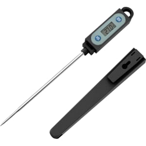 A black instant read meat thermometer with a long probe and digital display, accompanied by a protective sheath.