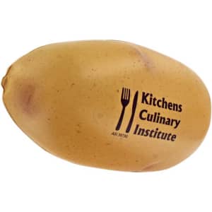 A yellow potato-shaped stress reliever featuring a logo.