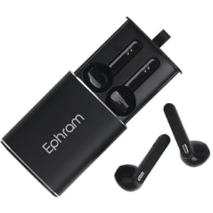 Black Slide Metal True Wireless Earbuds with charging case, featuring a logo, on a white background.