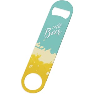 A drink bottle opener in teal and yellow, featuring a splash design and a logo. Ideal for keyring attachment.
