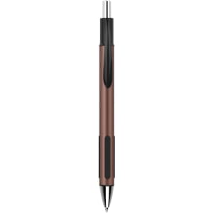 A plastic pen in brown and black, featuring a sleek design with a clip and a logo.