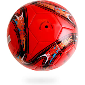 A red promotional soccer ball featuring decorative patterns and a logo. Ideal for leisure and outdoor activities.