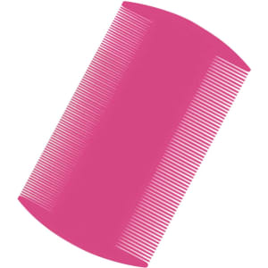 A pink pet flea comb with a curved design, featuring fine teeth for effective grooming.