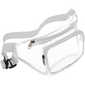 A clear fanny pack with a white strap and zippered compartments, featuring a logo.