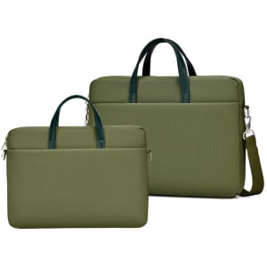 A green sling laptop bag with a buffer pad and removable strap, featuring dual handles and a textured surface.