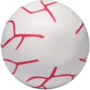 A white stress ball shaped like an eye, featuring red lines resembling veins, with a smooth surface and a small logo.