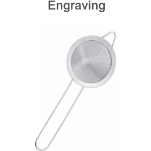 A bar mesh strainer in silver with a fine mesh and elongated handle, featuring branding on the handle.