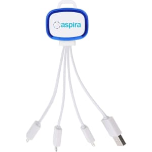 A white LED charging cable with multiple connectors and a blue logo, featuring a USB and two additional connectors.