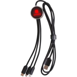 A 3-in-1 charging cable in black, featuring three connectors and a light-up logo.