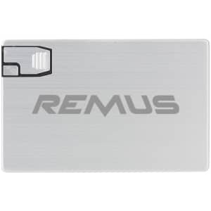 A silver flash drive resembling a credit card, featuring a black connector and a logo on the surface.