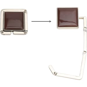 A square foldable desk hook in brown and silver, showcasing its compact and extendable design.