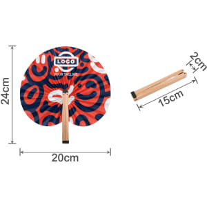 A peach-shaped wooden paper fan in vibrant red, blue, and white patterns with a logo and measurements displayed.