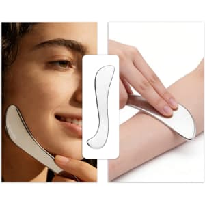 A silver facial Gua Sha massage tool is held against an arm, with a close-up of a smiling face nearby.