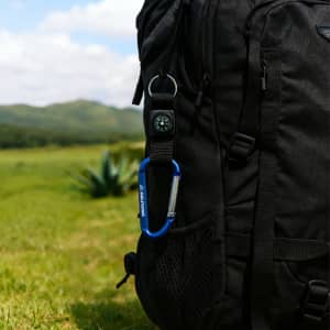 A blue carabiner with a compass attached to a black backpack in a grassy outdoor setting.