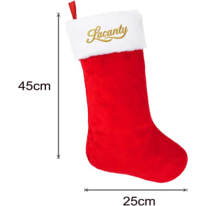 A red and white embroidered Christmas stocking with a fluffy white trim and a gold logo. Dimensions are 45cm by 25cm.