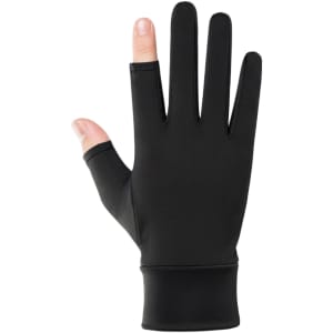 Black sun protective gloves featuring two open fingers for easy dexterity. The gloves have a fitted design and a logo.