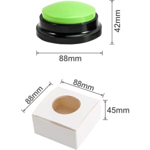 A green voice recording button with a black base, accompanied by a white box with a circular cutout.