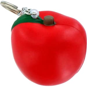 Red apple stress reliever keyring with a green leaf and a small attachment. Includes a metal keyring loop.