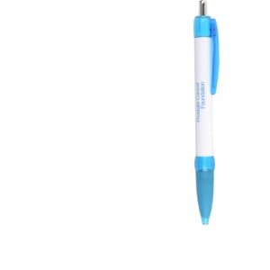 A plastic pen with a white barrel, blue grip, and blue clip, featuring a logo on the barrel.