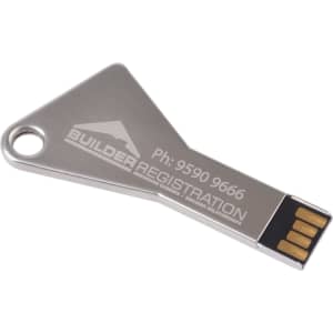 A silver flash drive in a triangular key shape with a small loop for attachment and a logo on the surface.