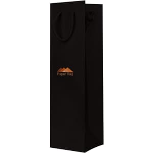 A black wine bottle paper bag with handles and a logo on the front. Designed for holding a single bottle.