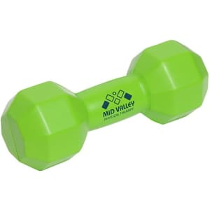 A green dumbbell-shaped stress reliever with a logo on the side, designed for fun and stress relief.