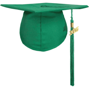 A green mortarboard graduation cap with a tassel featuring the year 2025 and a logo.