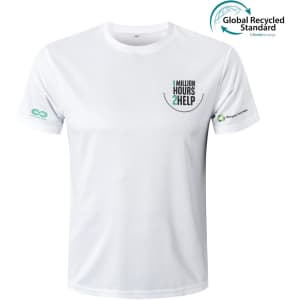 A white round-collar tee shirt with a logo, made from recycled materials, featuring a minimalist design.