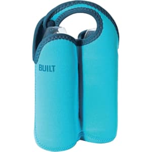 A drink bottle cooler in vibrant turquoise, designed to hold two bottles with a sturdy snap handle.