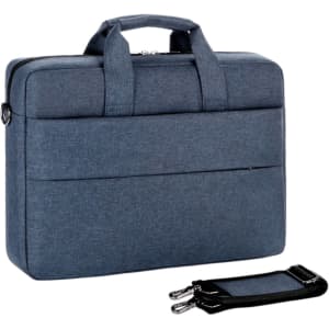 A business laptop bag in blue fabric, featuring a padded main compartment and a removable strap.