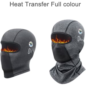 A Winter Balaclava Cycling Face Mask in grey featuring a heat transfer design and a logo.