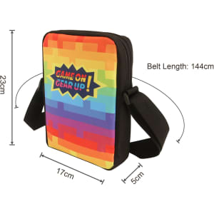 A colourful sublimation cross body bag in rainbow hues with a black strap and an adjustable belt length.