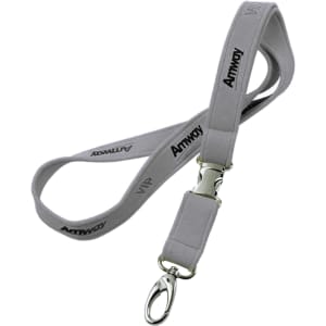 A grey neoprene lanyard featuring a logo and a metal clip attachment.
