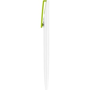 A plastic pen with a creamy white barrel and a green clip, featuring a small logo.
