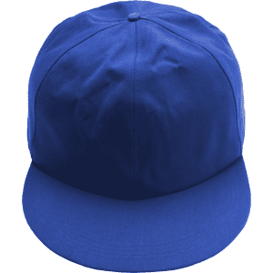 A blue giant baseball cap with a flat brim and a structured crown, featuring a logo.