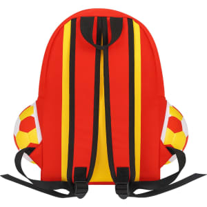 A foldable gym bag in red with yellow stripes and football-shaped side pockets. It features adjustable black straps.