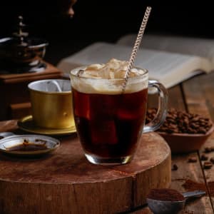 A glass of dark iced coffee with a cream top, featuring a brown-striped paper straw, sits on a wooden table.