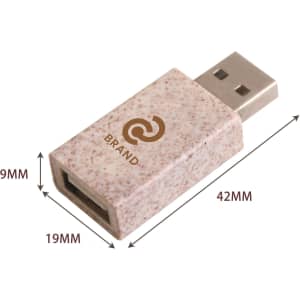 A Wheat Straw USB data blocker in a speckled beige colour with a branded logo. Dimensions included in image.