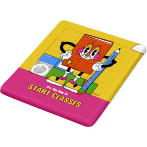 A sliding puzzle featuring a colourful character holding a pencil, set against a bright yellow and pink background.