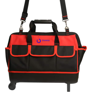 A wheeled tool bag in black and red with multiple external pockets and a logo on the front.