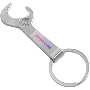 A drink bottle opener shaped like a wrench, featuring a silver metal finish and a keyring attachment.