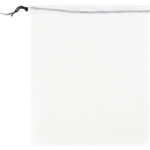 A white cotton mesh produce bag with a drawstring closure and a small logo at the top.