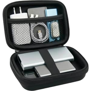 A black zipper case filled with various electronic accessories, including chargers, cables, and a power bank.