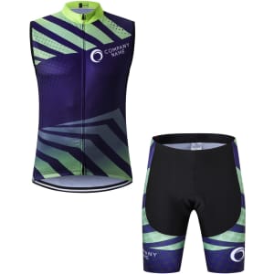 A sleeveless cycling jersey in purple and green, paired with black cycling shorts featuring a logo.