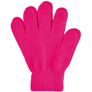 A pair of bright pink knitted gloves with a ribbed cuff and a woven label.